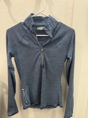 Athleta Women’s Navy Blue & White Striped Quarter-Zip Active Top